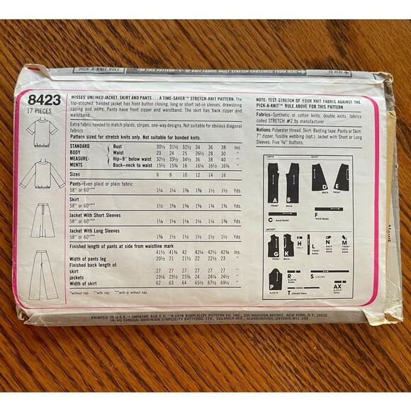 UNCUT Vintage 1970s Simplicity 8423 Sewing Pattern Size S/M Jacket Skirt Pants - Picture 2 of 2